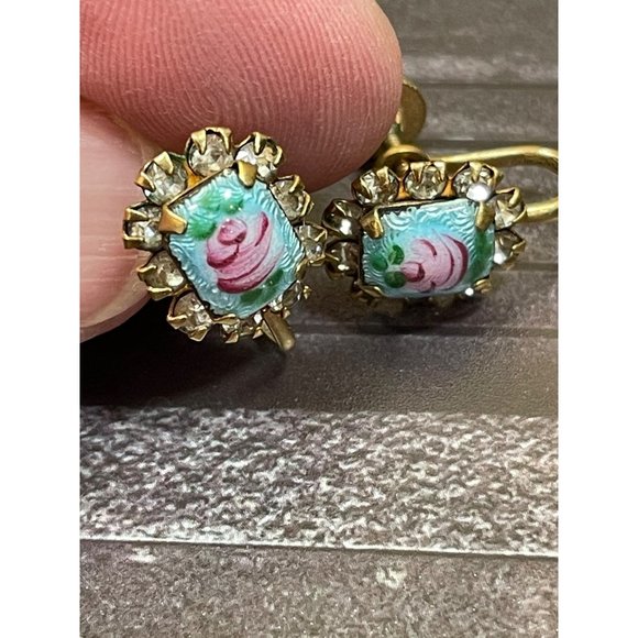 Vintage Antique Guilloche Enamel Rose Rhinestone Screw Back Earring Set - Picture 2 of 10